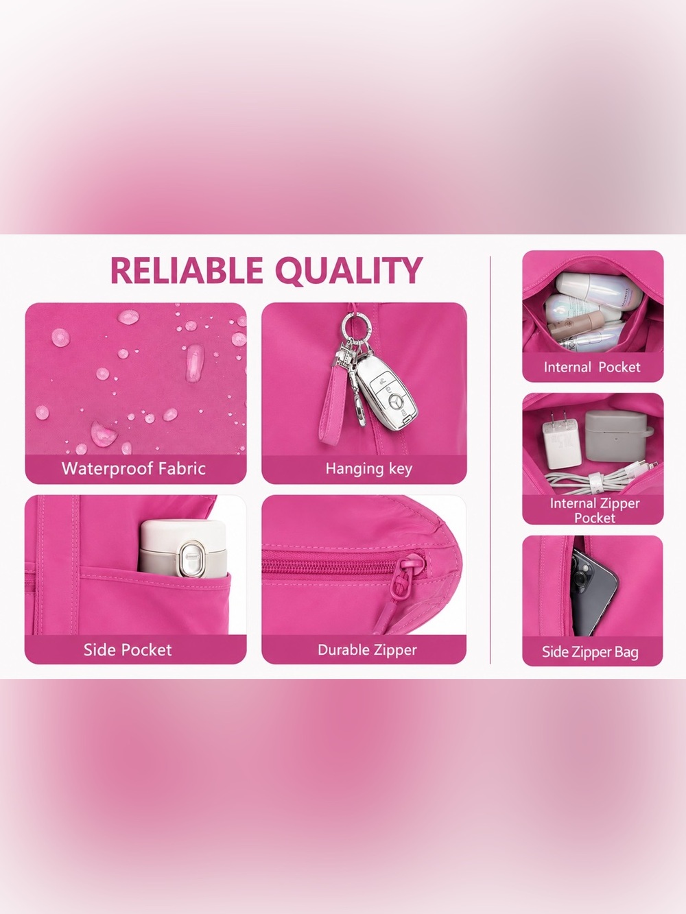 Large Pink Waterproof Laptop Tote Bag Travel Work Shoulder Bag - Picture 5 of 6
